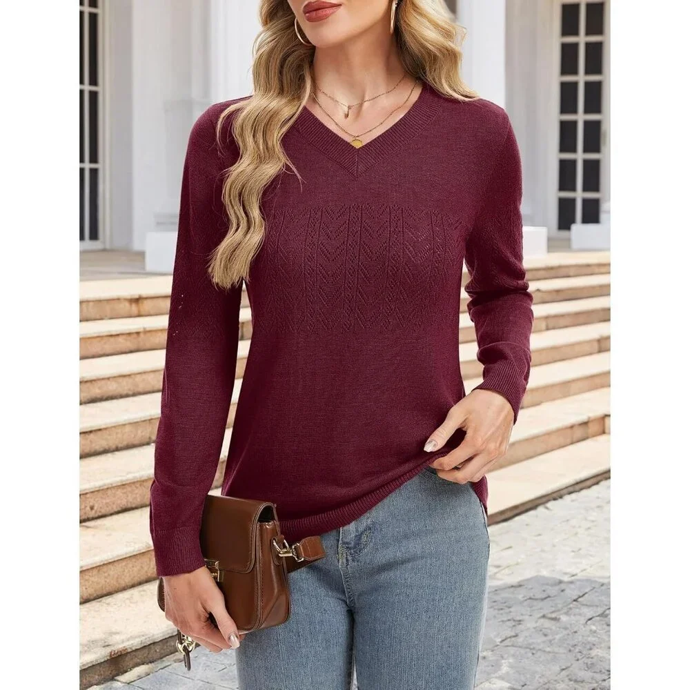 Women's Wine Red Wool Long Sleeve Crochet Pullover V Neck Lightweight Sweater - Picture 2 of 7